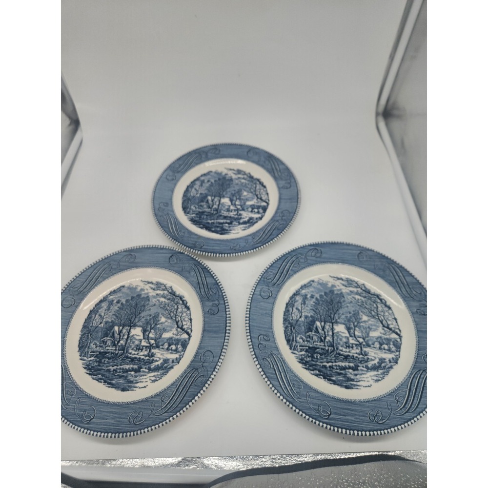 Lot Of 3 Royal China Currier Ives Dinner Plate Green Backstamp Old Grist Mill